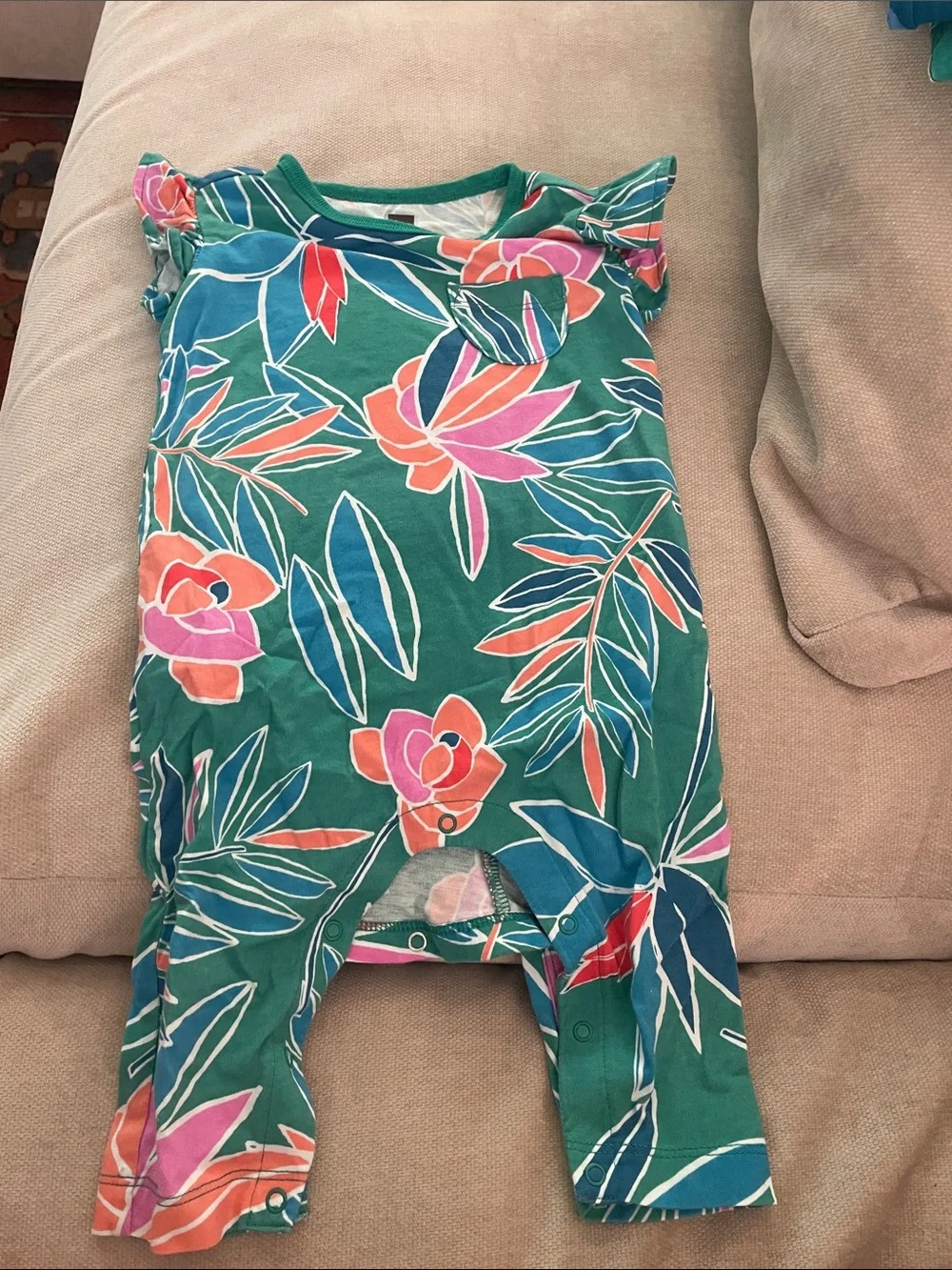 Tea Collection Green Floral Baby Romper with Pink & Coral Blooms